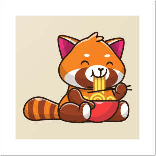 Cute Red Panda Eating Noodle Cartoon Posters and Art